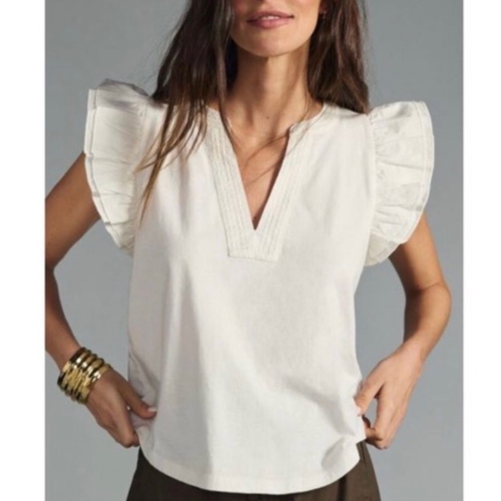 Maeve by Anthropologie Cotton Ruffle V Neck Tee